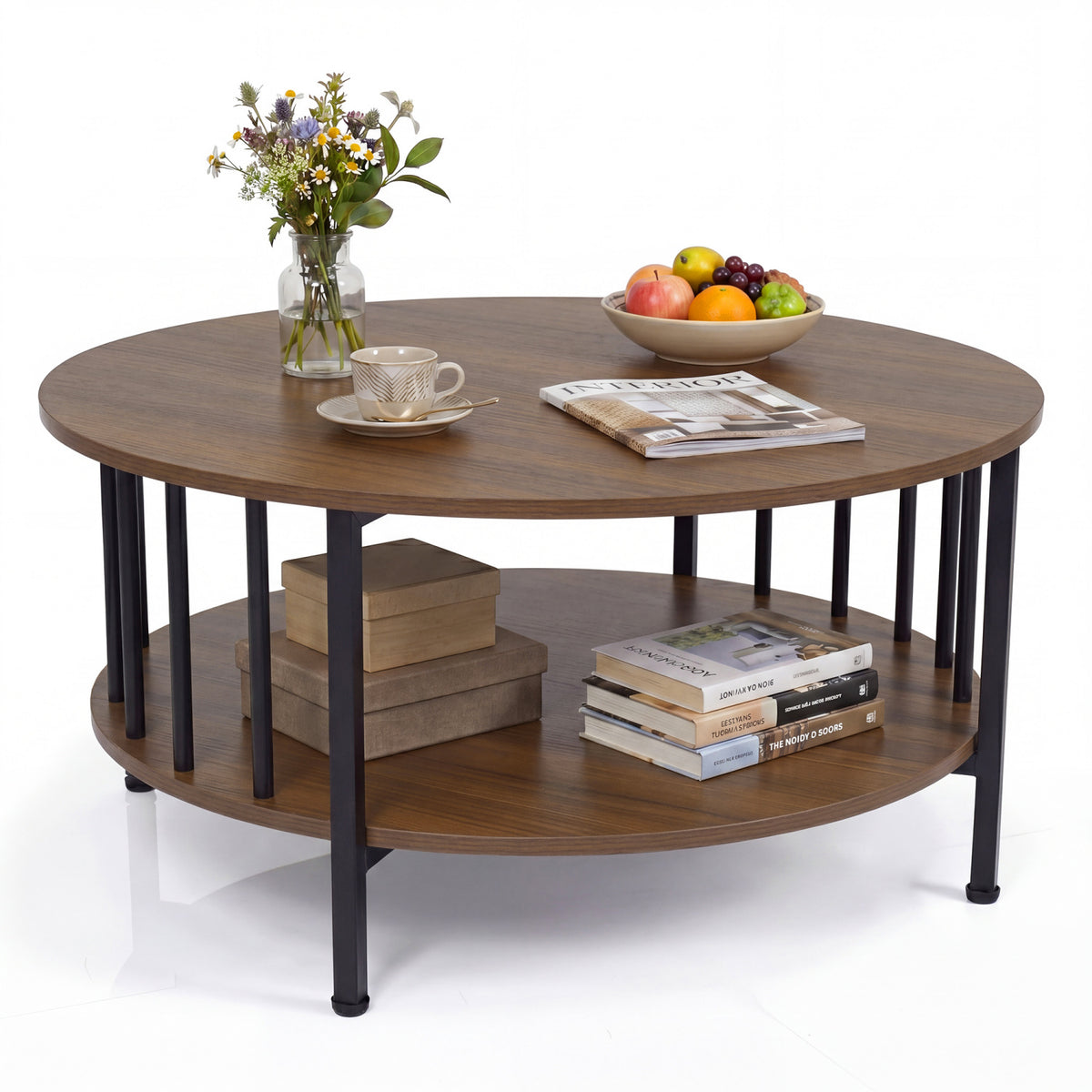 2-Tier Round Coffee Table with Storage Shelf and Metal Accents in Black Walnut-Walnut-Coffee Tables-DECOROLALA