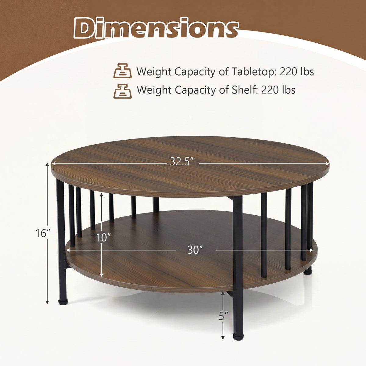 2-Tier Round Coffee Table with Storage Shelf and Metal Accents in Black Walnut-Walnut-Coffee Tables-DECOROLALA