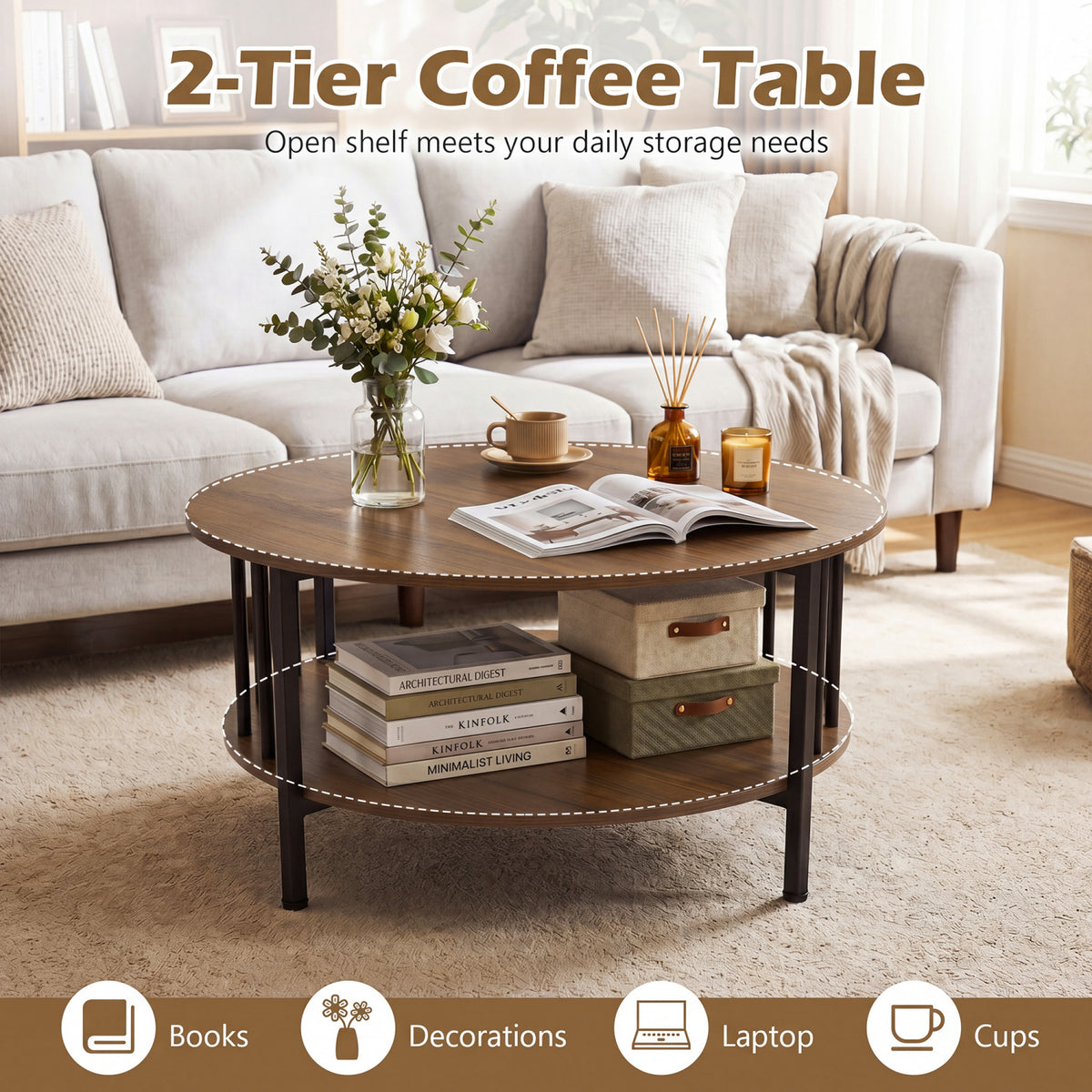 2-Tier Round Coffee Table with Storage Shelf and Metal Accents in Black Walnut-Walnut-Coffee Tables-DECOROLALA