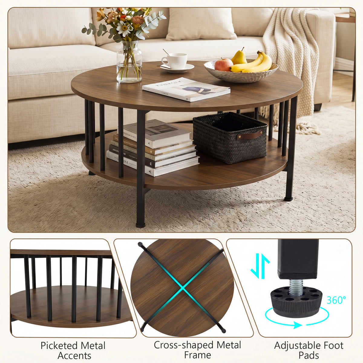 2-Tier Round Coffee Table with Storage Shelf and Metal Accents in Black Walnut-Walnut-Coffee Tables-DECOROLALA