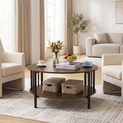 2-Tier Round Coffee Table with Storage Shelf and Metal Accents in Black Walnut-Walnut-Coffee Tables-DECOROLALA