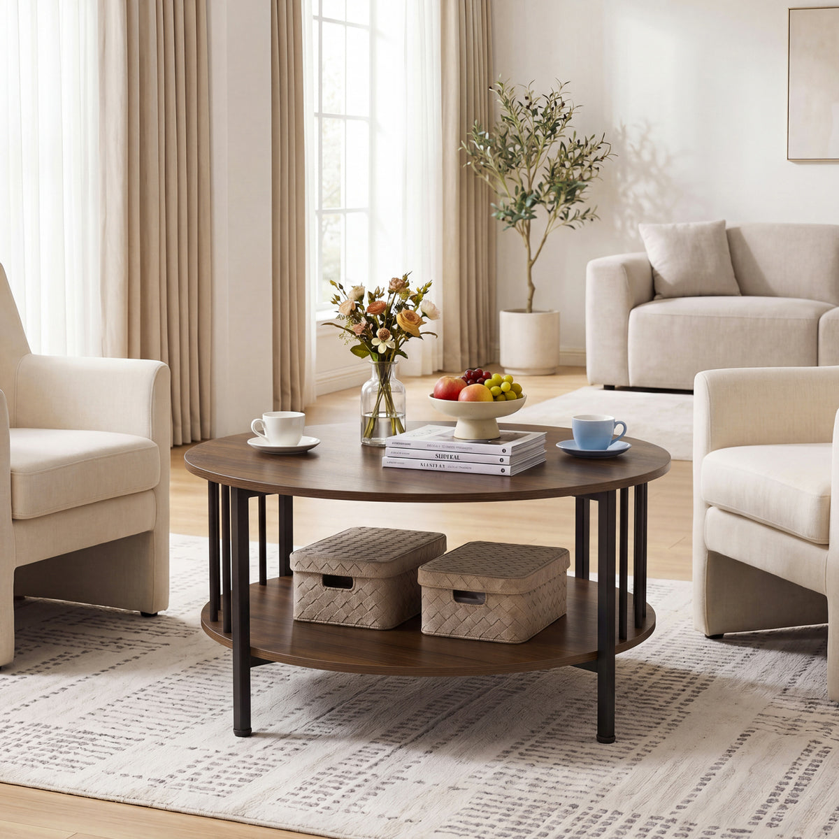 2-Tier Round Coffee Table with Storage Shelf and Metal Accents in Black Walnut-Walnut-Coffee Tables-DECOROLALA