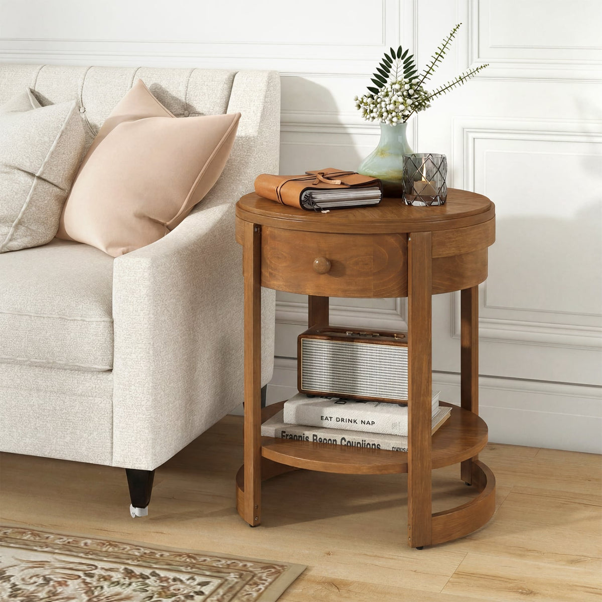 2-Tier Round End Table Mid Century Modern Nightstand-Oak-End & Side Tables-DECOROLALA