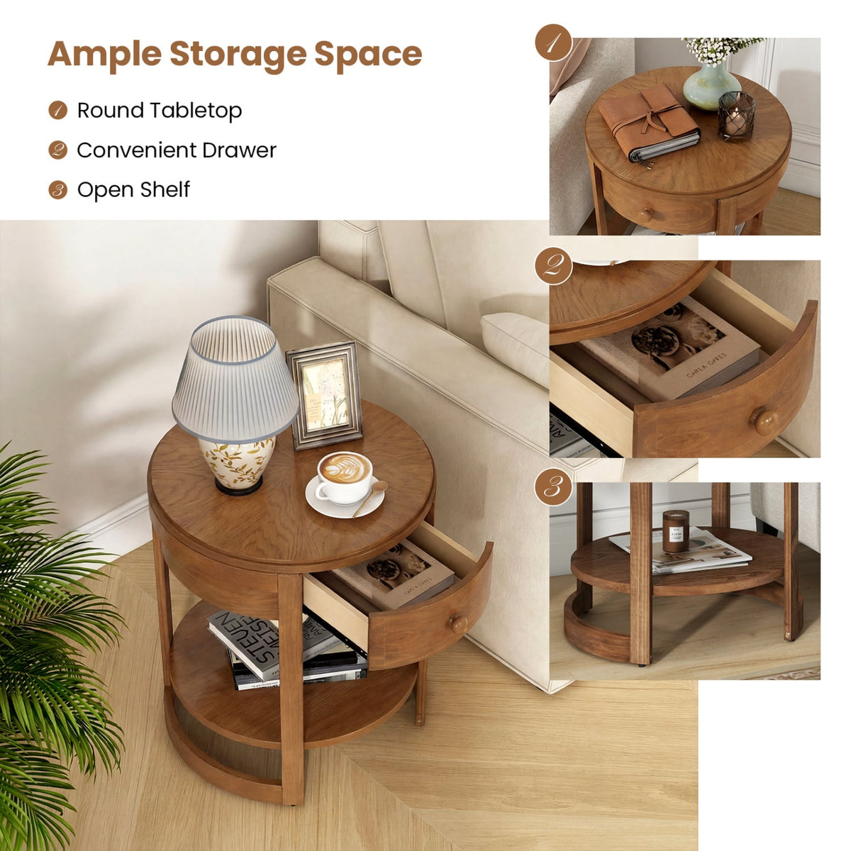 2-Tier Round End Table Mid Century Modern Nightstand-Oak-End & Side Tables-DECOROLALA