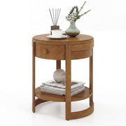 2-Tier Round End Table Mid Century Modern Nightstand-Oak-End & Side Tables-DECOROLALA