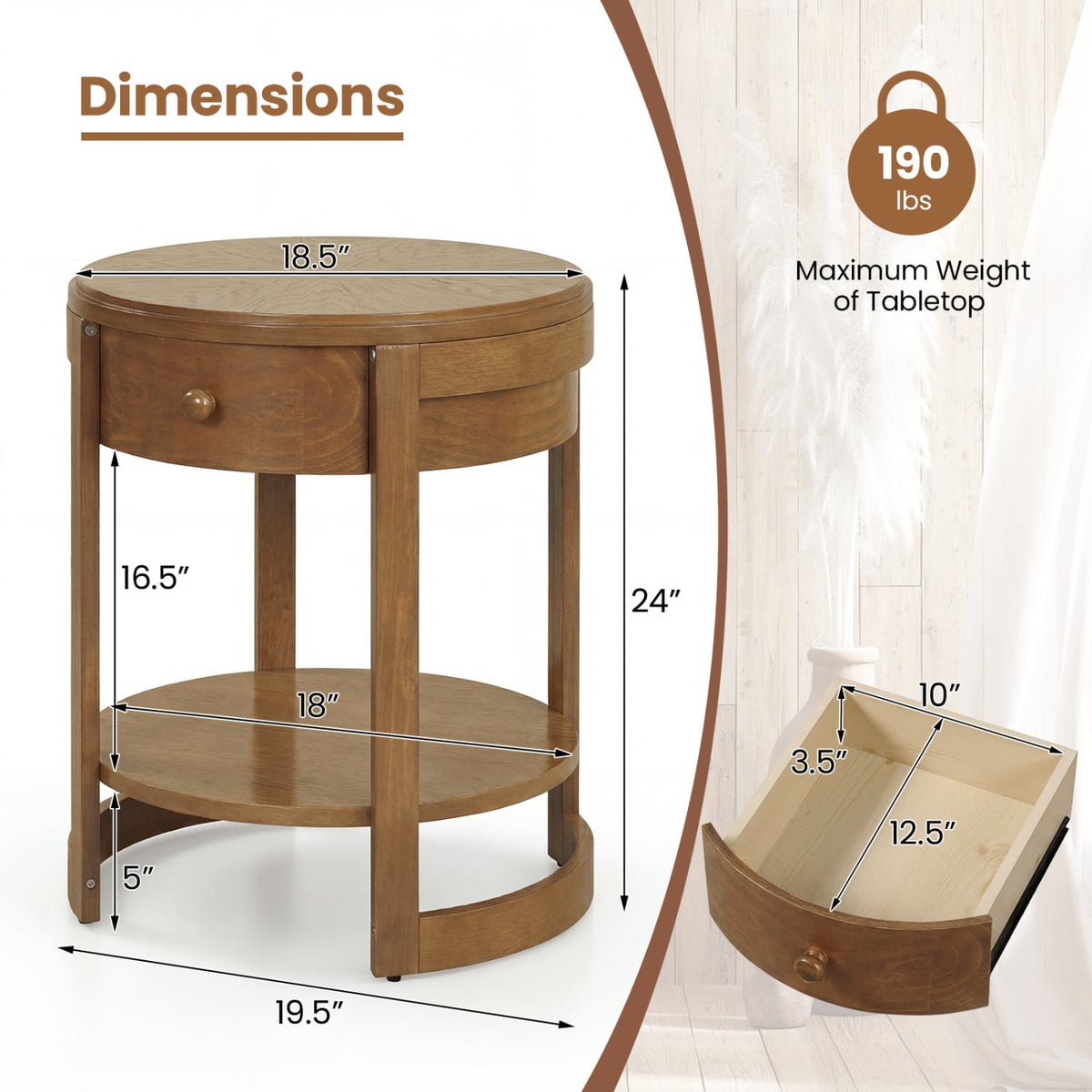 2-Tier Round End Table Mid Century Modern Nightstand Set of 2-Oak-End & Side Tables-DECOROLALA