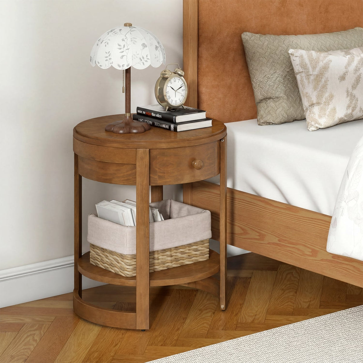 2-Tier Round End Table Mid Century Modern Nightstand Set of 2-Oak-End & Side Tables-DECOROLALA