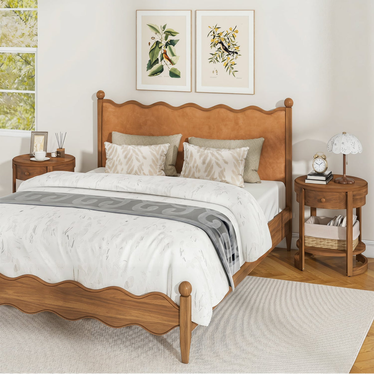 2-Tier Round End Table Mid Century Modern Nightstand Set of 2-Oak-End & Side Tables-DECOROLALA