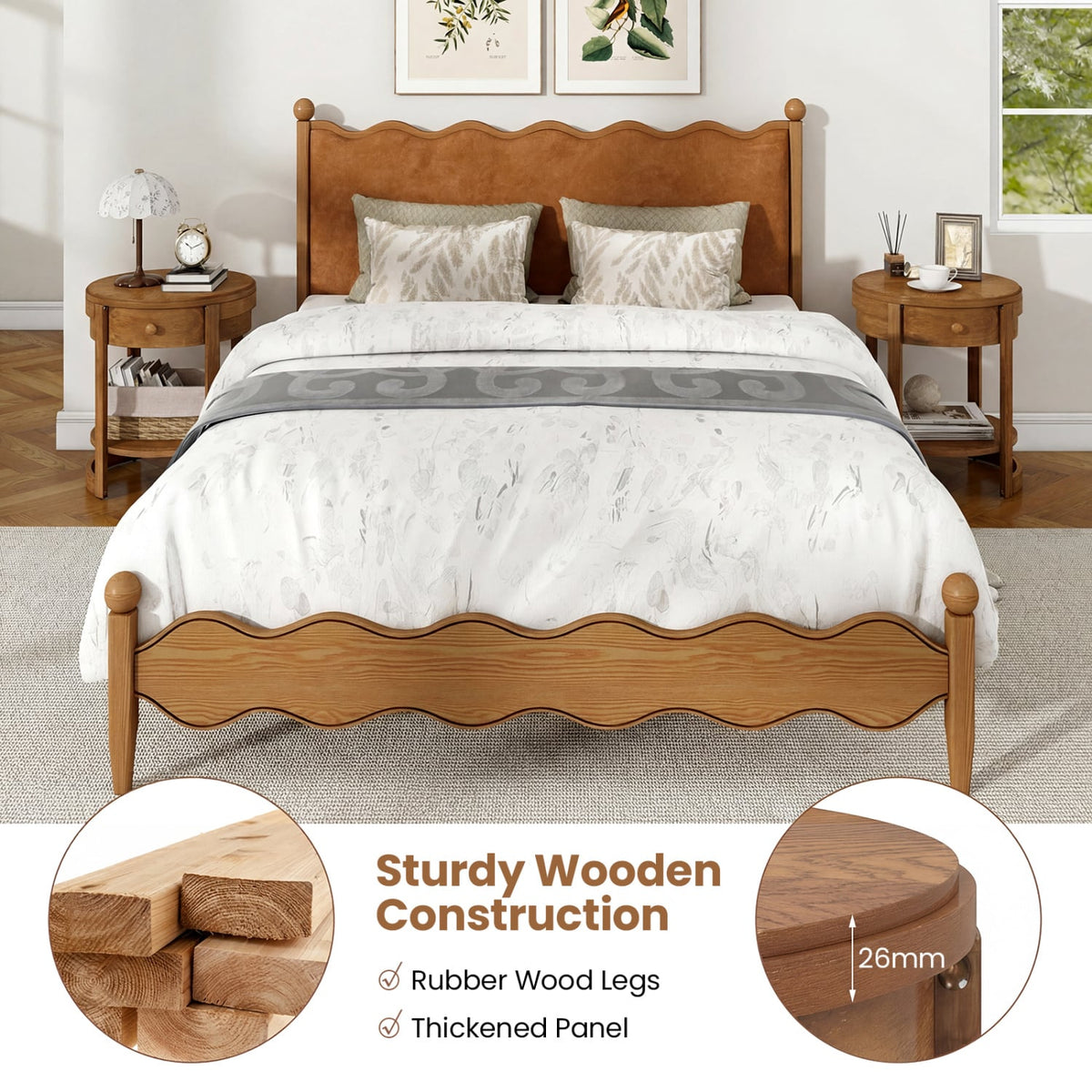 2-Tier Round End Table Mid Century Modern Nightstand Set of 2-Oak-End & Side Tables-DECOROLALA