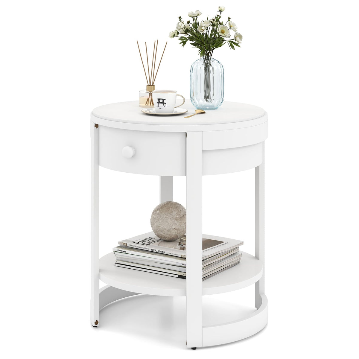 2-Tier Round End Table Mid Century Modern Nightstand-White-End & Side Tables-DECOROLALA