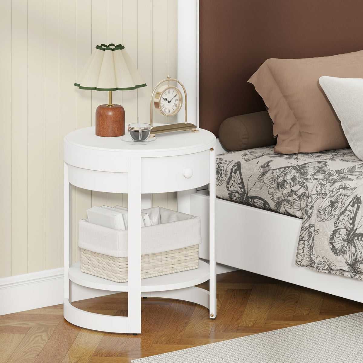 2-Tier Round End Table Mid Century Modern Nightstand-White-End & Side Tables-DECOROLALA