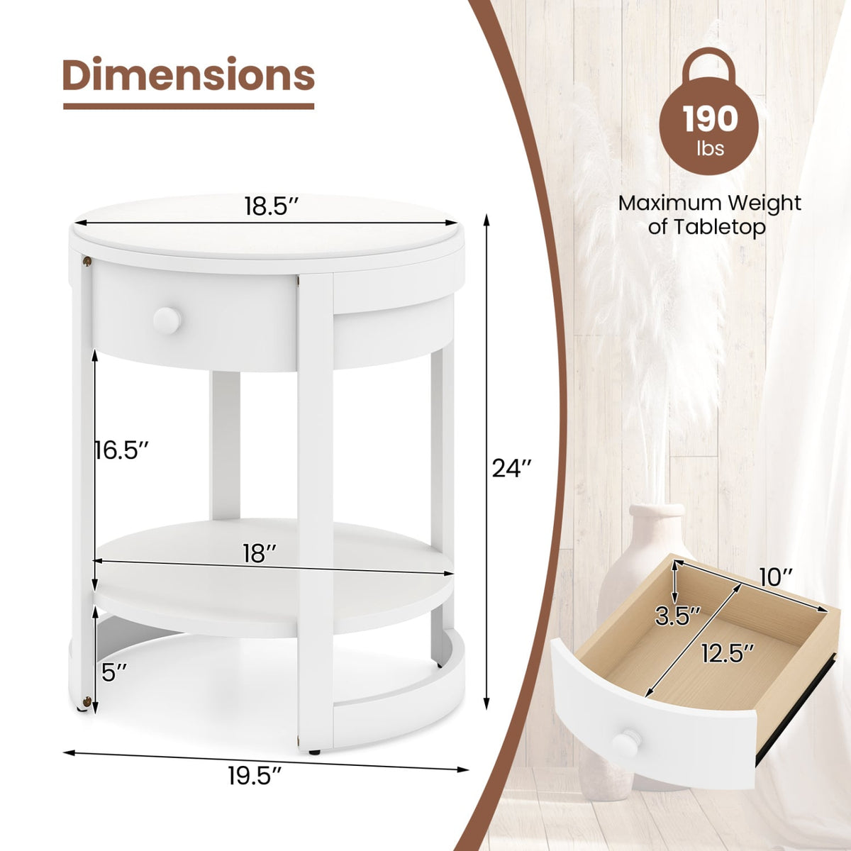 2-Tier Round End Table Mid Century Modern Nightstand-White-End & Side Tables-DECOROLALA
