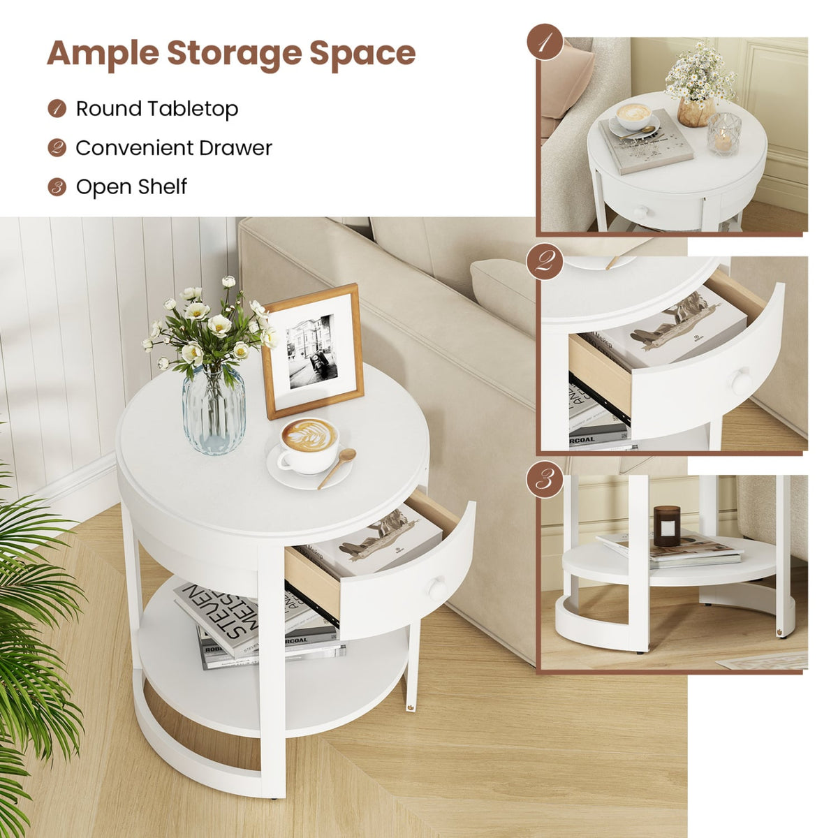 2-Tier Round End Table Mid Century Modern Nightstand-White-End & Side Tables-DECOROLALA