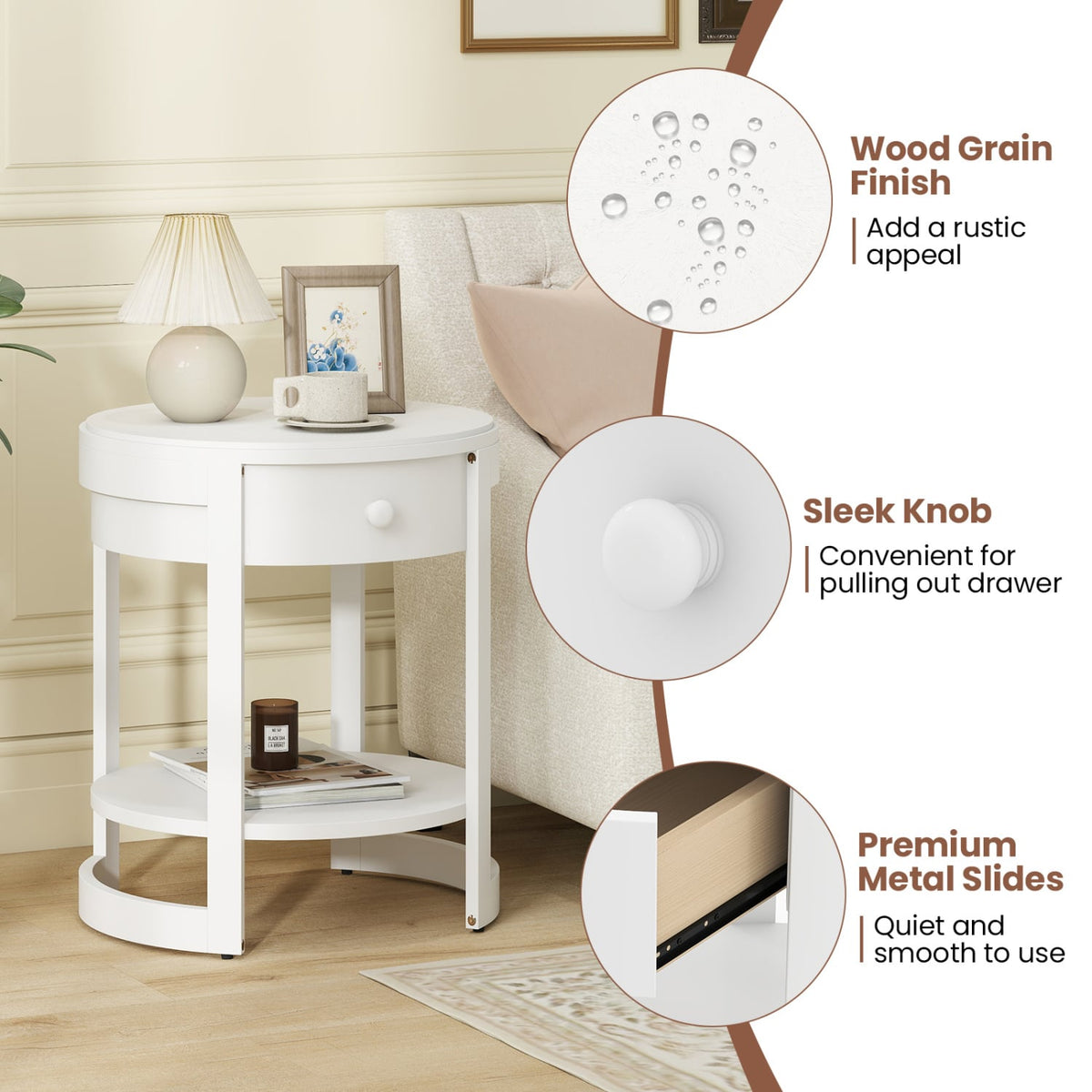 2-Tier Round End Table Mid Century Modern Nightstand-White-End & Side Tables-DECOROLALA