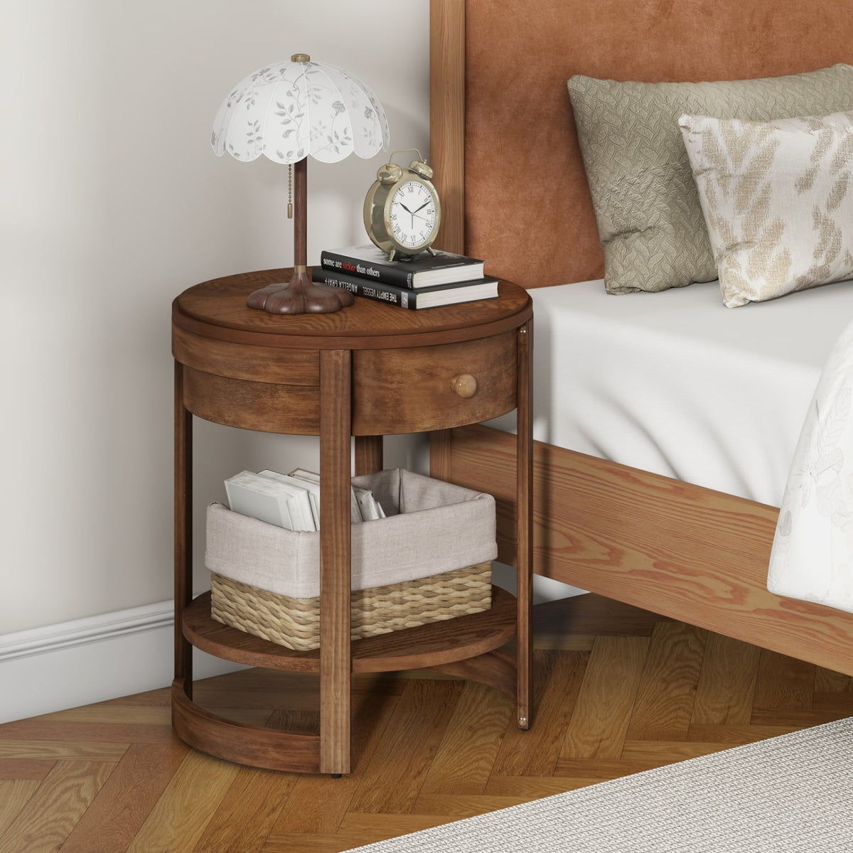 2-Tier Round End Table Mid Century Modern Nightstand with Drawer and Shelf-End & Side Tables-DECOROLALA