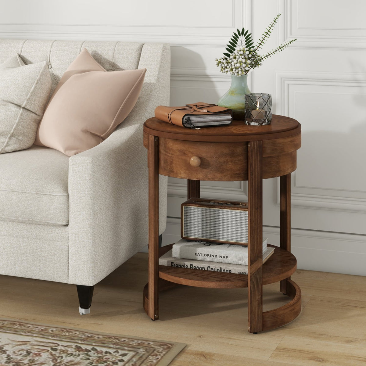 2-Tier Round End Table Mid Century Modern Nightstand with Drawer and Shelf-End & Side Tables-DECOROLALA