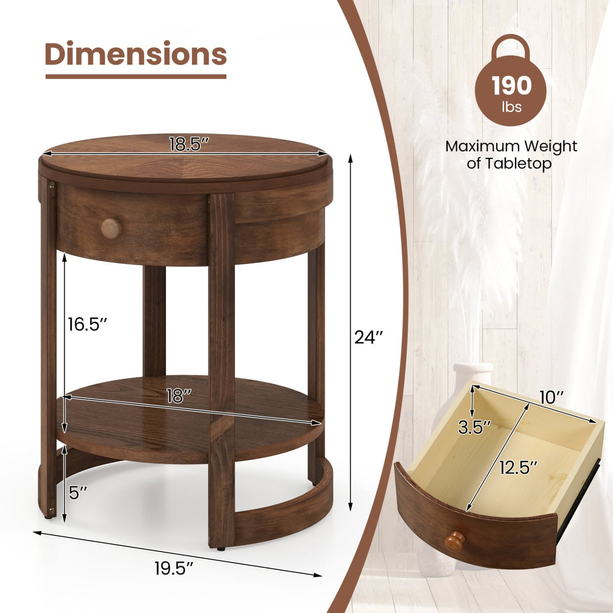 2-Tier Round End Table Mid Century Modern Nightstand with Drawer and Shelf-End & Side Tables-DECOROLALA