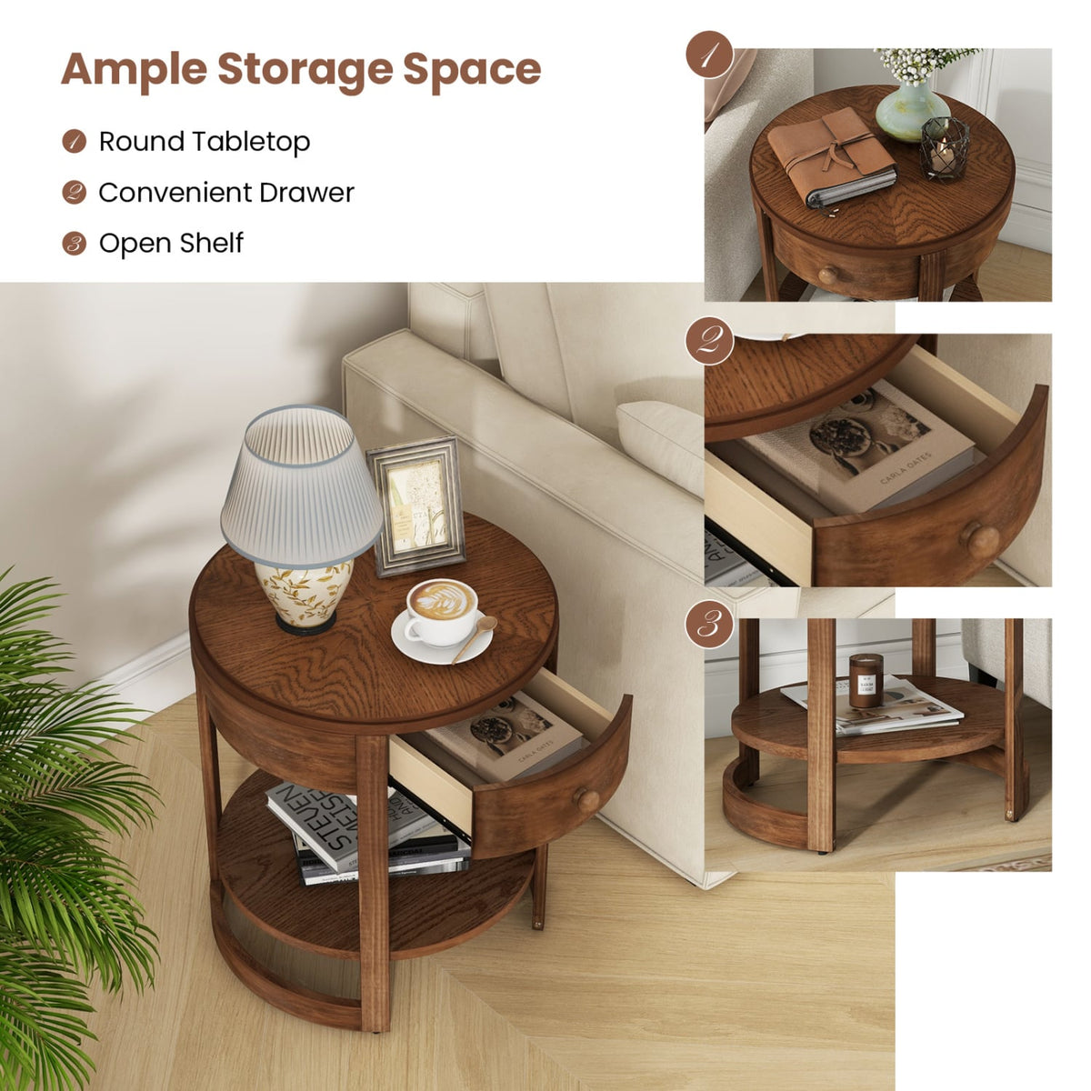 2-Tier Round End Table Mid Century Modern Nightstand with Drawer and Shelf-End & Side Tables-DECOROLALA