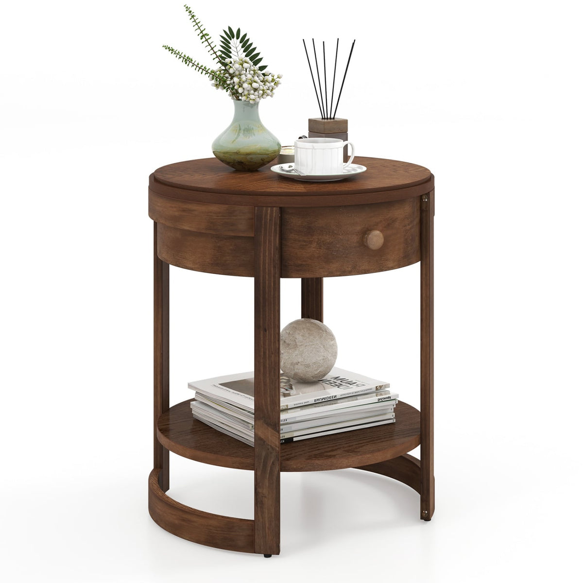 2-Tier Round End Table Mid Century Modern Nightstand with Drawer and Shelf-End & Side Tables-DECOROLALA