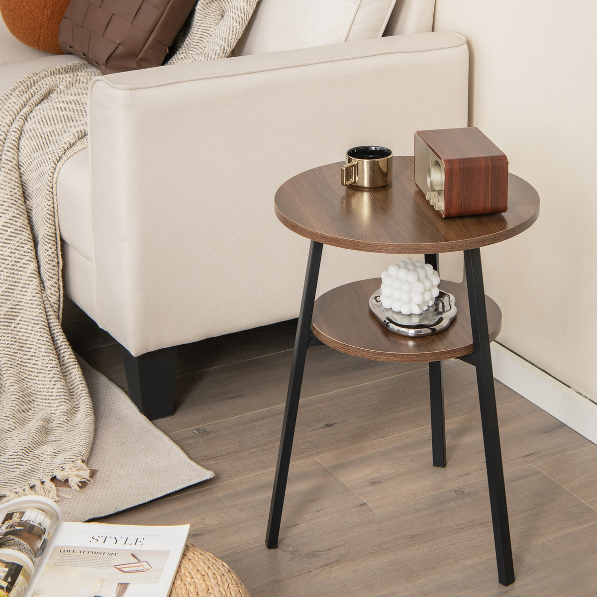 2-Tier Round End Table Set of 2 with Open Shelf and Triangular Metal Frame-Walnut-End & Side Tables-DECOROLALA