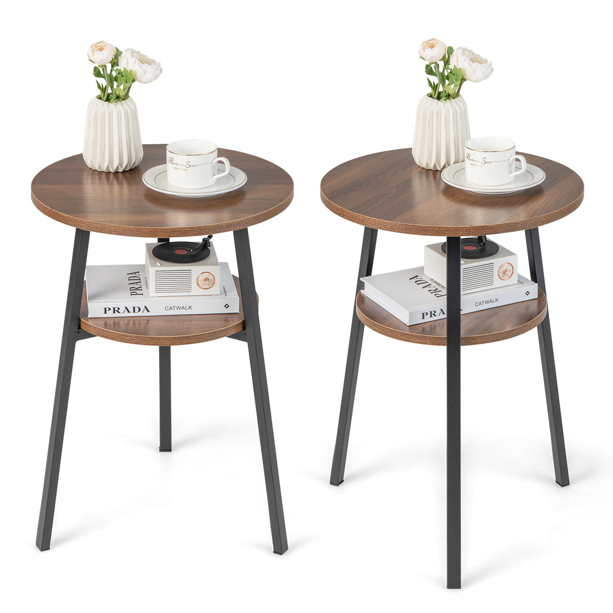 2-Tier Round End Table Set of 2 with Open Shelf and Triangular Metal Frame-Walnut-End & Side Tables-DECOROLALA