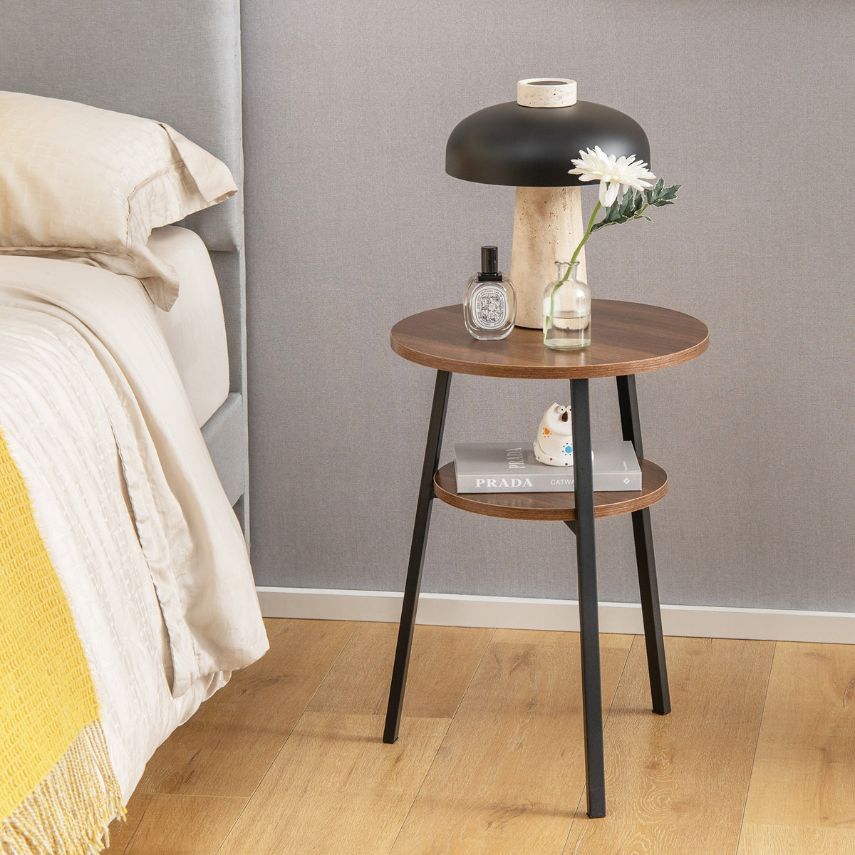 2-Tier Round End Table Set of 2 with Open Shelf and Triangular Metal Frame-Walnut-End & Side Tables-DECOROLALA
