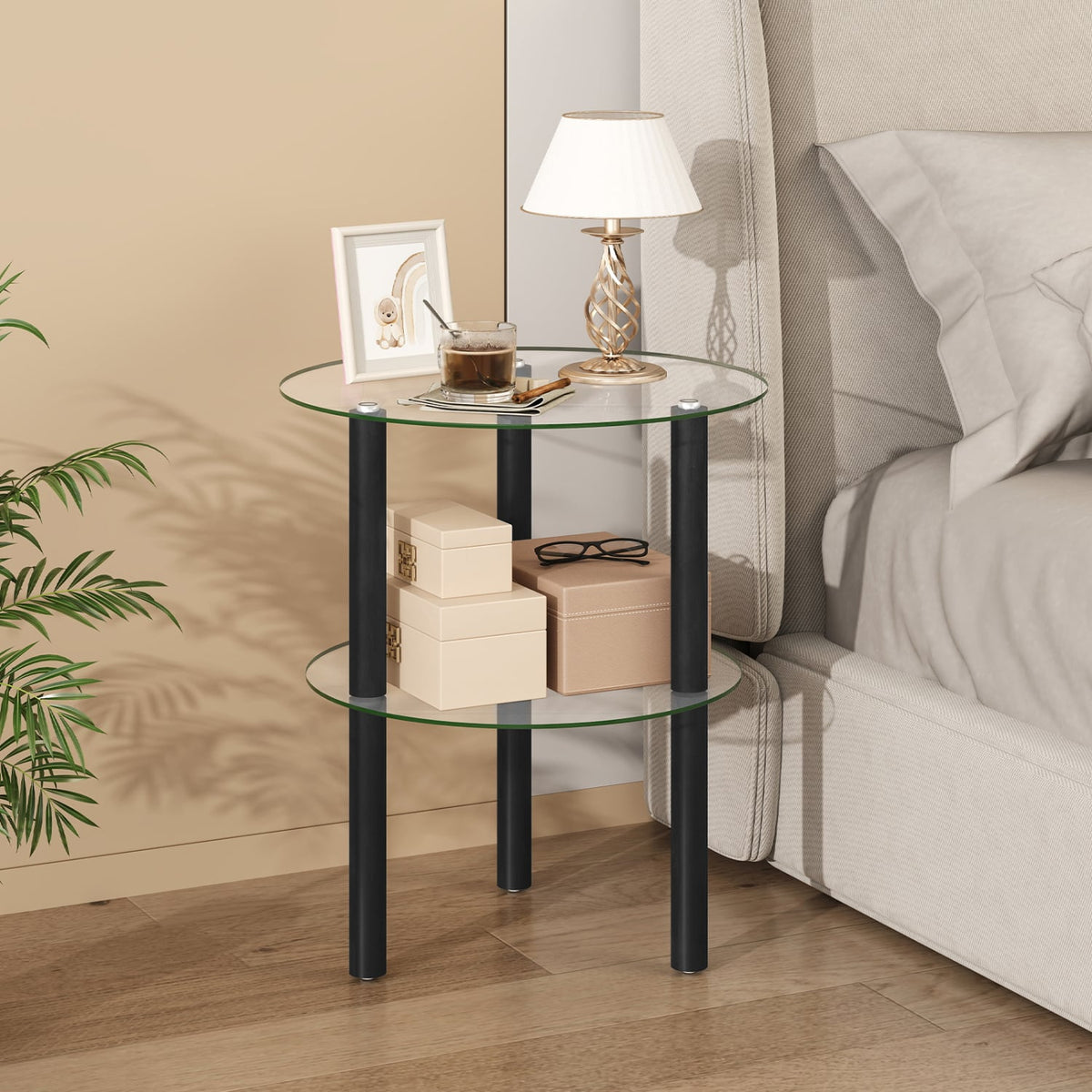 2-Tier Round End Table with Clear Tempered Glass Top and Shelf-Black-End & Side Tables-DECOROLALA