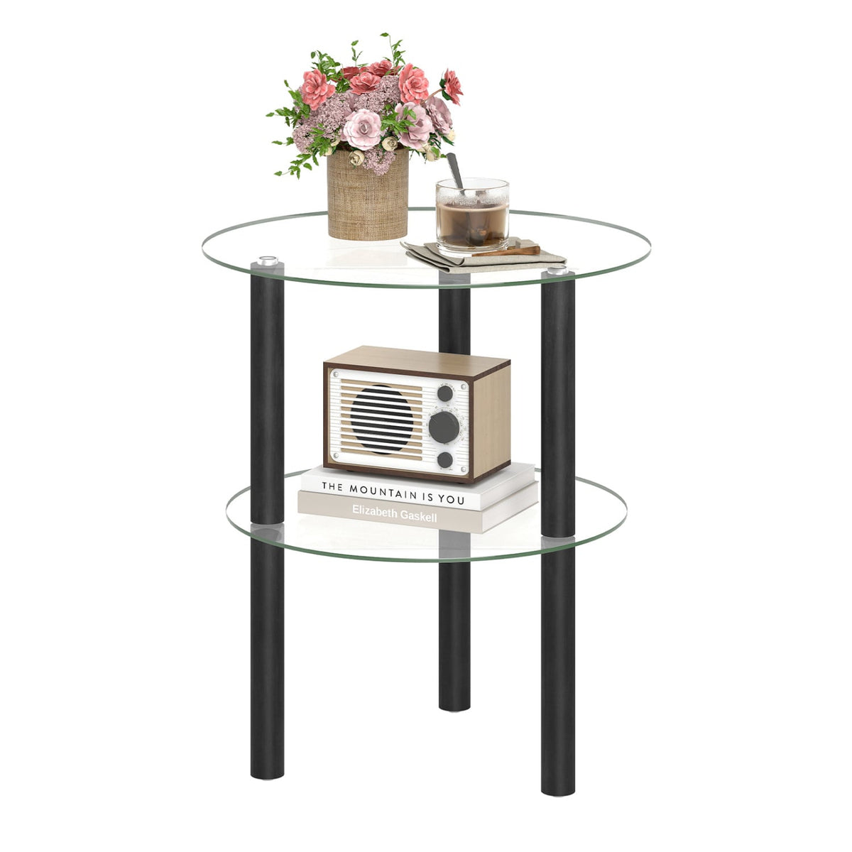 2-Tier Round End Table with Clear Tempered Glass Top and Shelf-Black-End & Side Tables-DECOROLALA