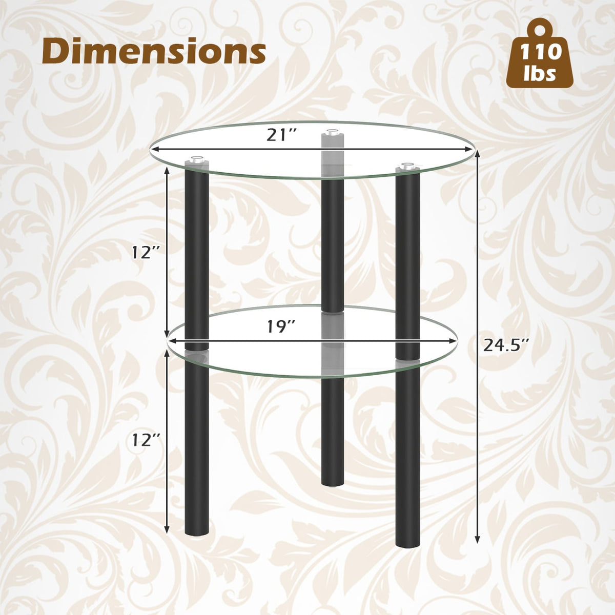 2-Tier Round End Table with Clear Tempered Glass Top and Shelf-Black-End & Side Tables-DECOROLALA
