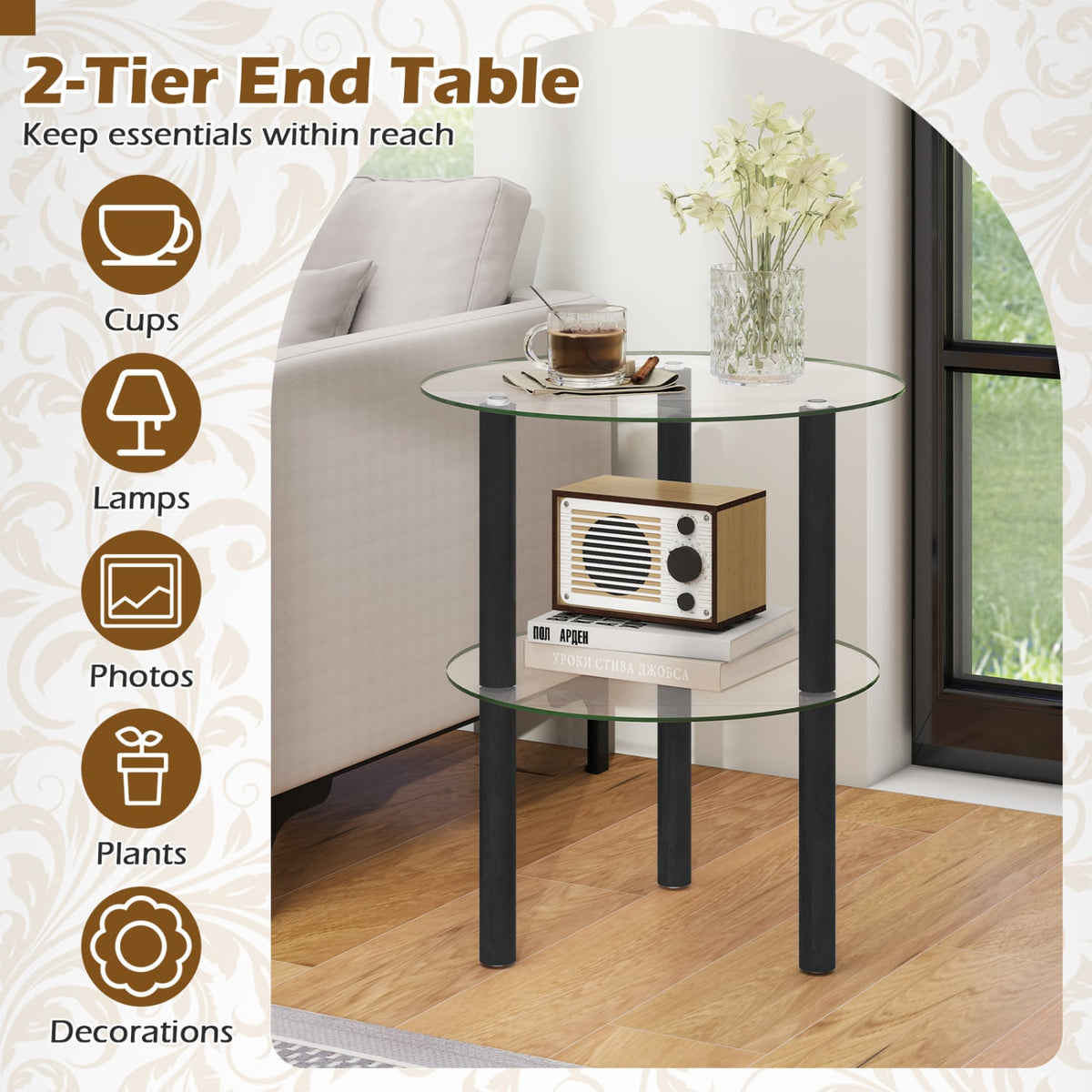 2-Tier Round End Table with Clear Tempered Glass Top and Shelf-Black-End & Side Tables-DECOROLALA