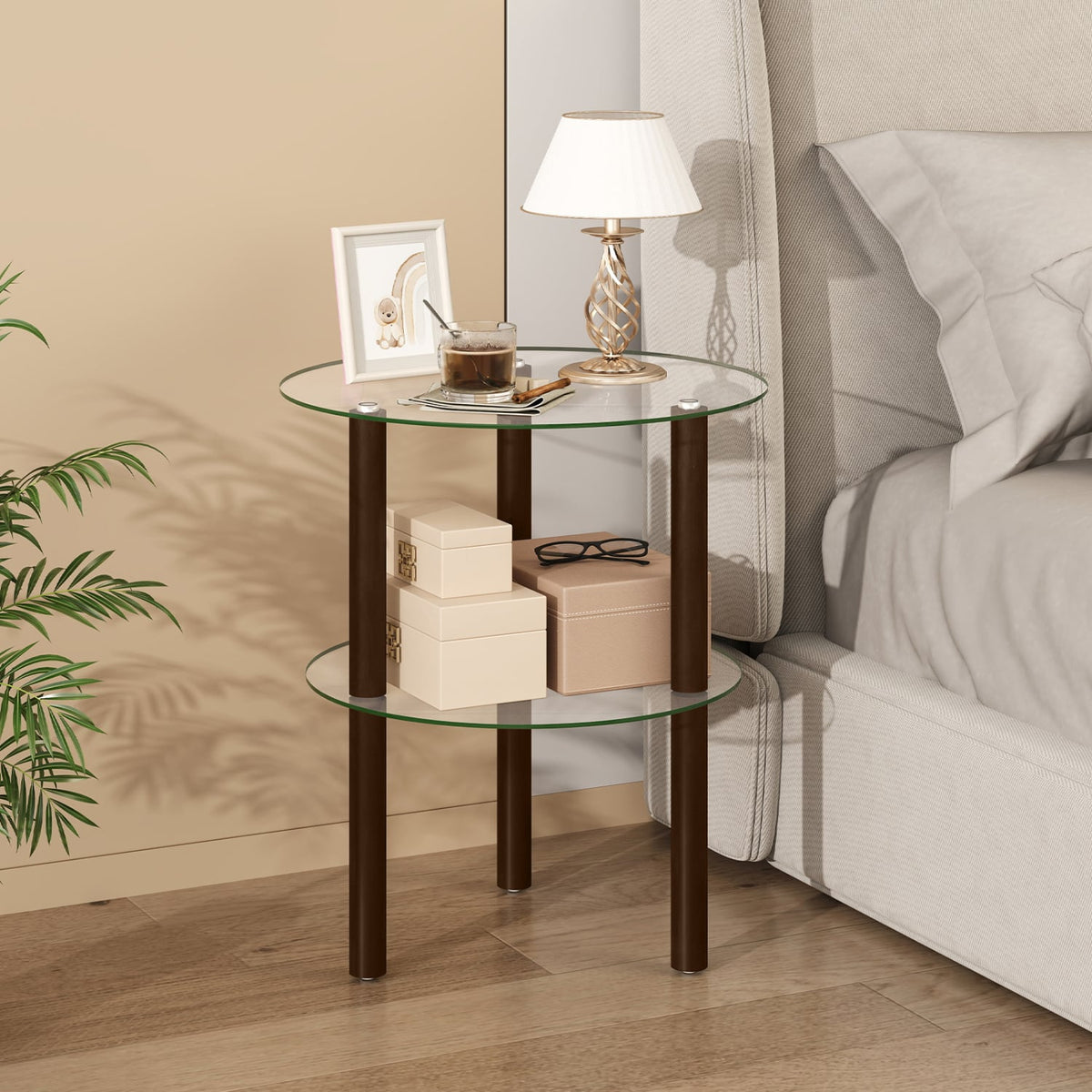 2-Tier Round End Table with Clear Tempered Glass Top and Shelf-Brown-End & Side Tables-DECOROLALA