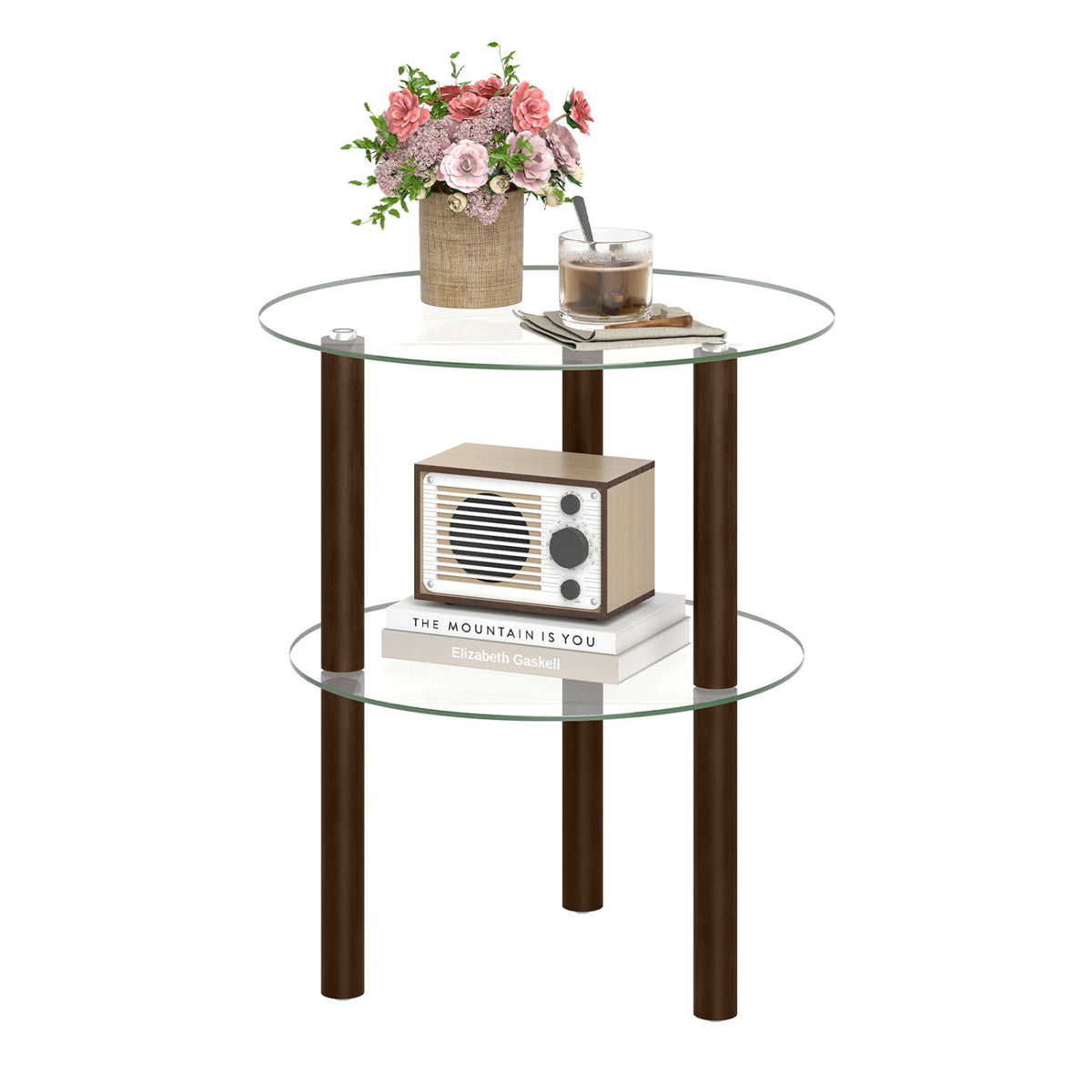 2-Tier Round End Table with Clear Tempered Glass Top and Shelf-Brown-End & Side Tables-DECOROLALA