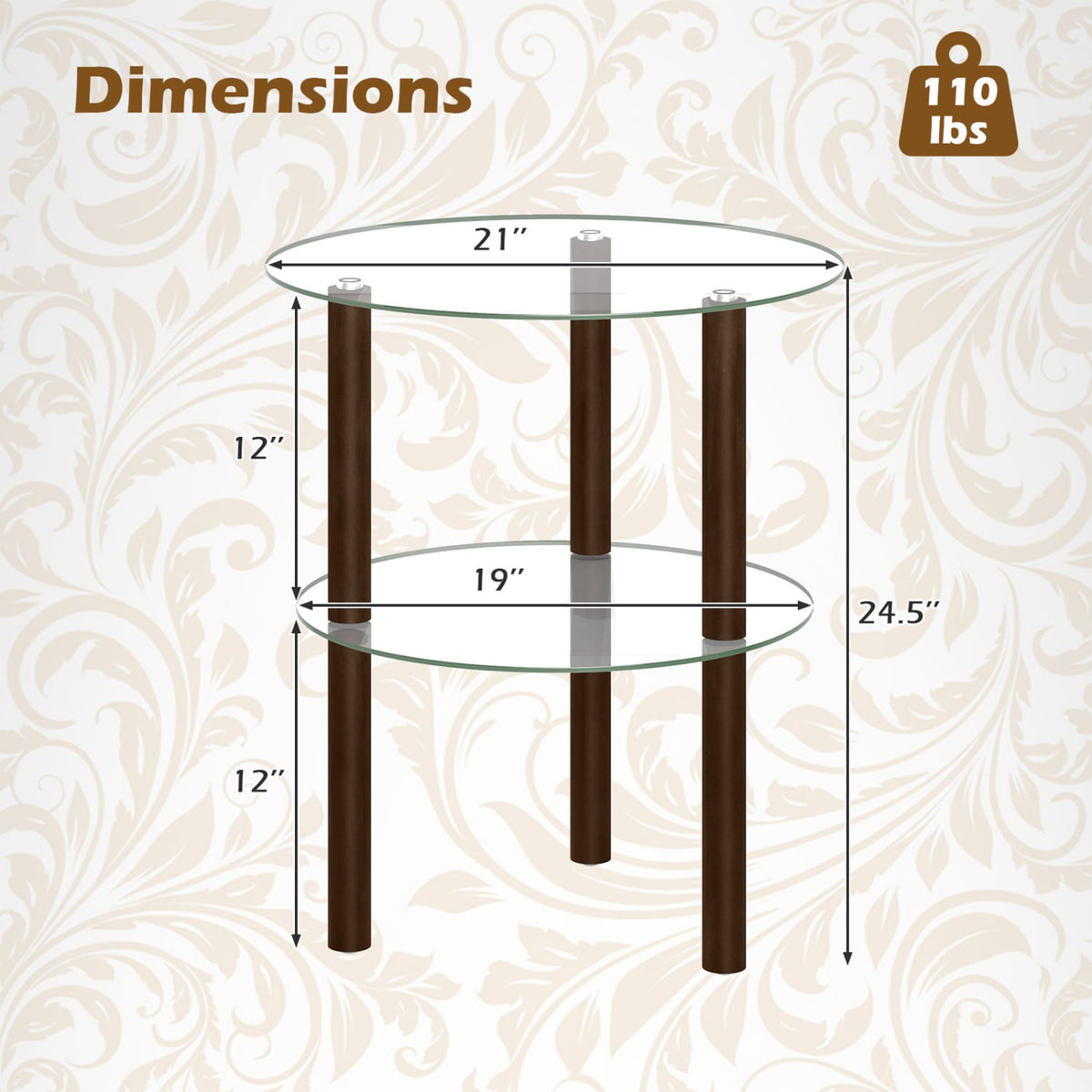 2-Tier Round End Table with Clear Tempered Glass Top and Shelf-Brown-End & Side Tables-DECOROLALA