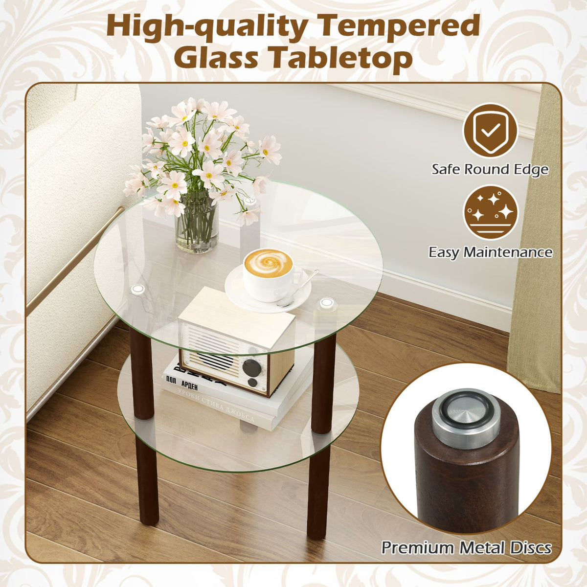 2-Tier Round End Table with Clear Tempered Glass Top and Shelf-Brown-End & Side Tables-DECOROLALA