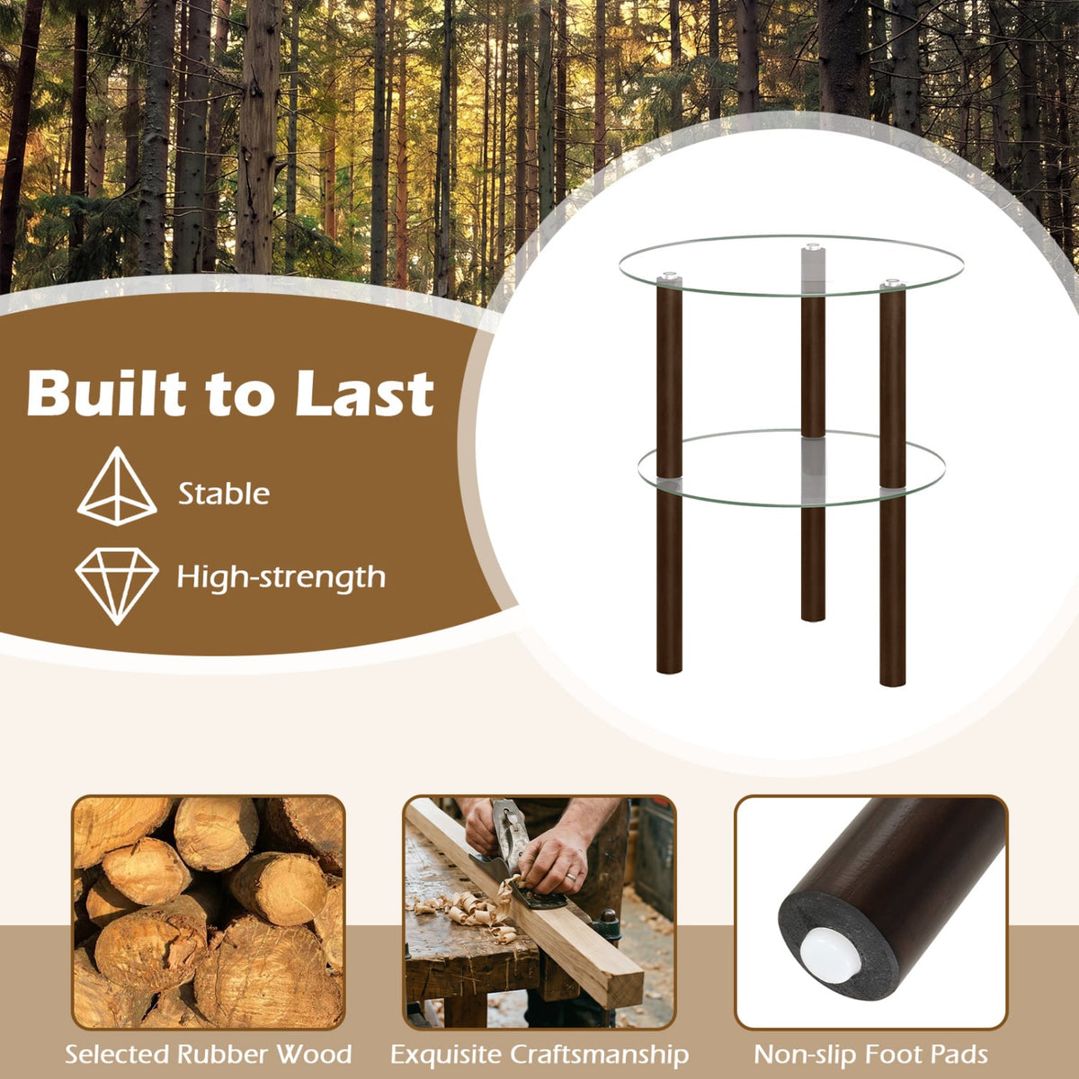 2-Tier Round End Table with Clear Tempered Glass Top and Shelf-Brown-End & Side Tables-DECOROLALA