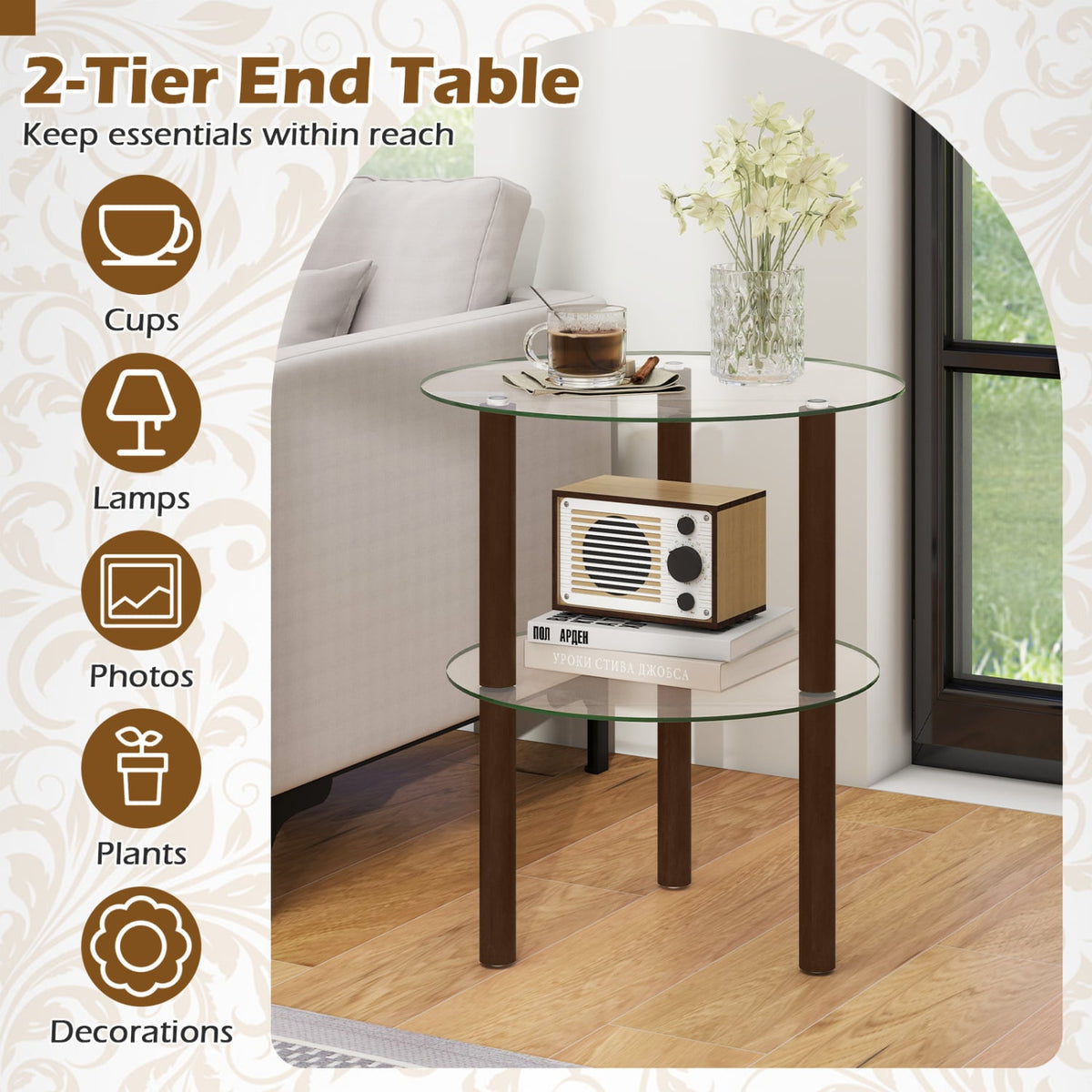 2-Tier Round End Table with Clear Tempered Glass Top and Shelf-Brown-End & Side Tables-DECOROLALA