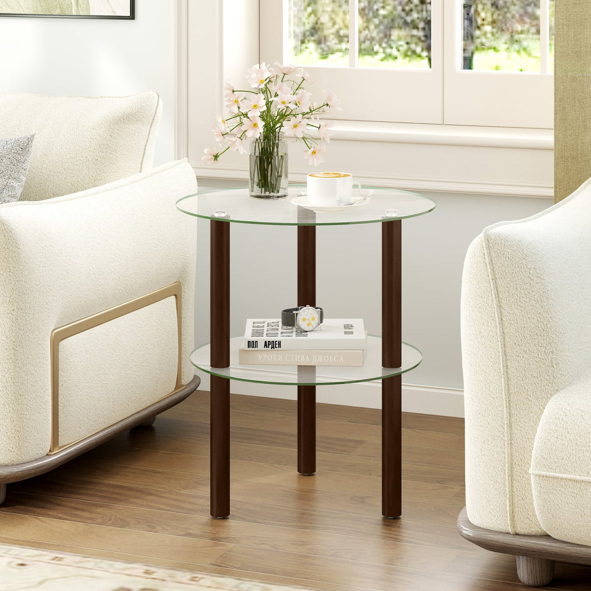 2-Tier Round End Table with Clear Tempered Glass Top and Shelf-Brown-End & Side Tables-DECOROLALA