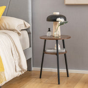 2-Tier Round End Table with Open Shelf and Triangular Metal Frame-Brown-End & Side Tables-DECOROLALA