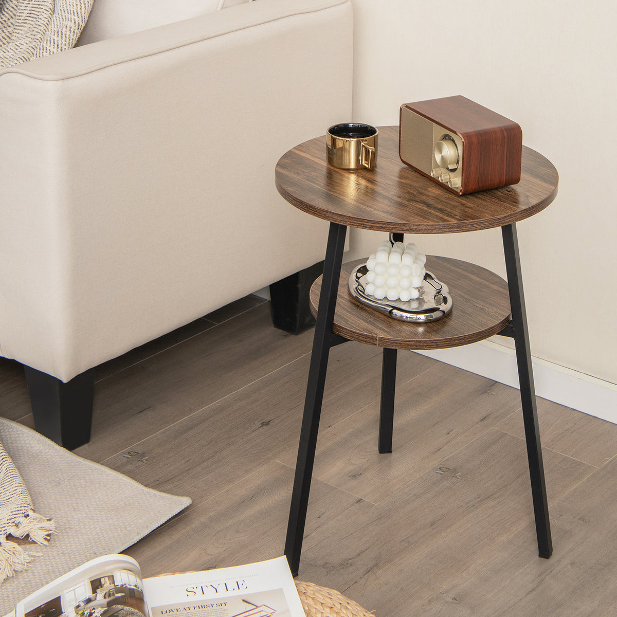 2-Tier Round End Table with Open Shelf and Triangular Metal Frame-Brown-End & Side Tables-DECOROLALA
