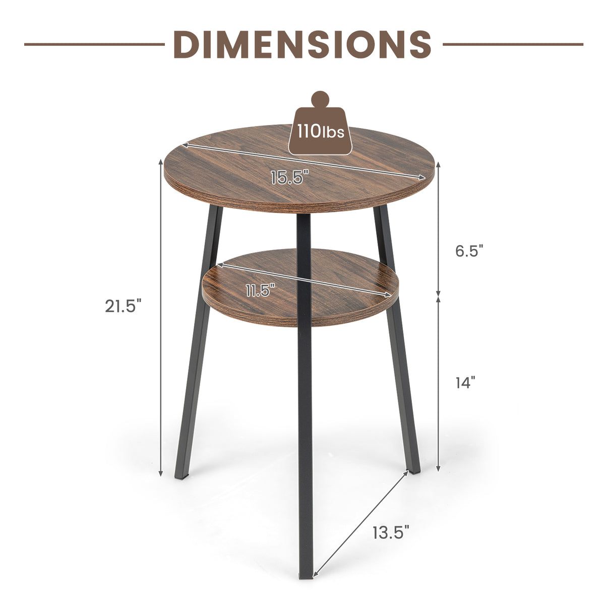 2-Tier Round End Table with Open Shelf and Triangular Metal Frame-Brown-End & Side Tables-DECOROLALA