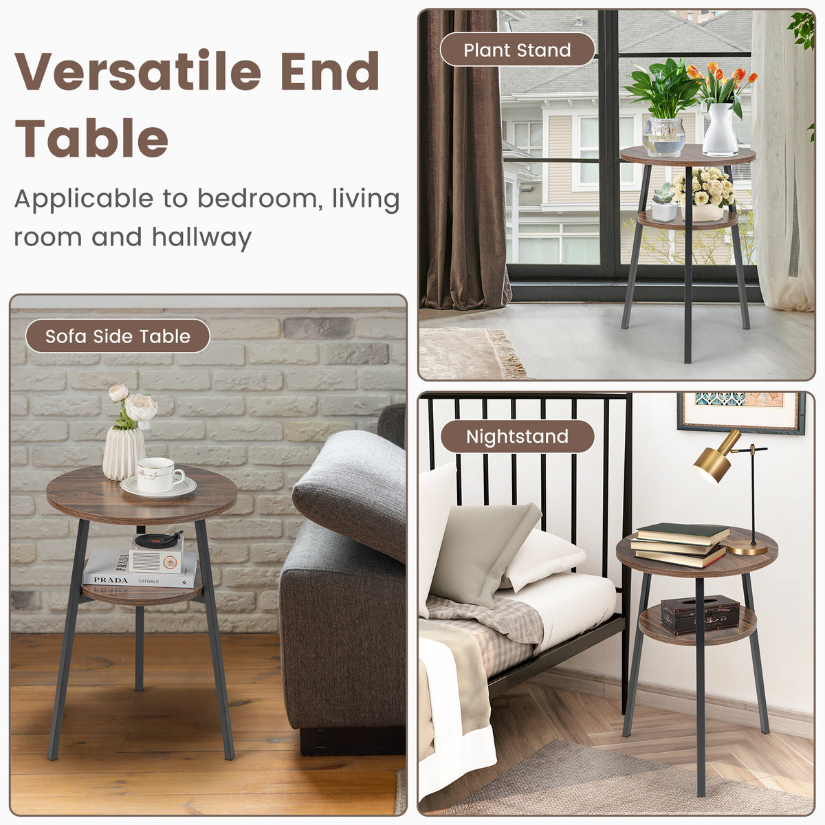 2-Tier Round End Table with Open Shelf and Triangular Metal Frame-Brown-End & Side Tables-DECOROLALA