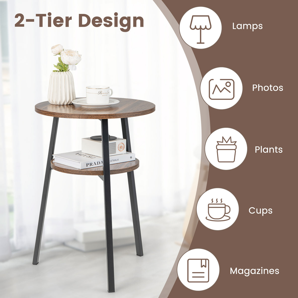 2-Tier Round End Table with Open Shelf and Triangular Metal Frame-Brown-End & Side Tables-DECOROLALA