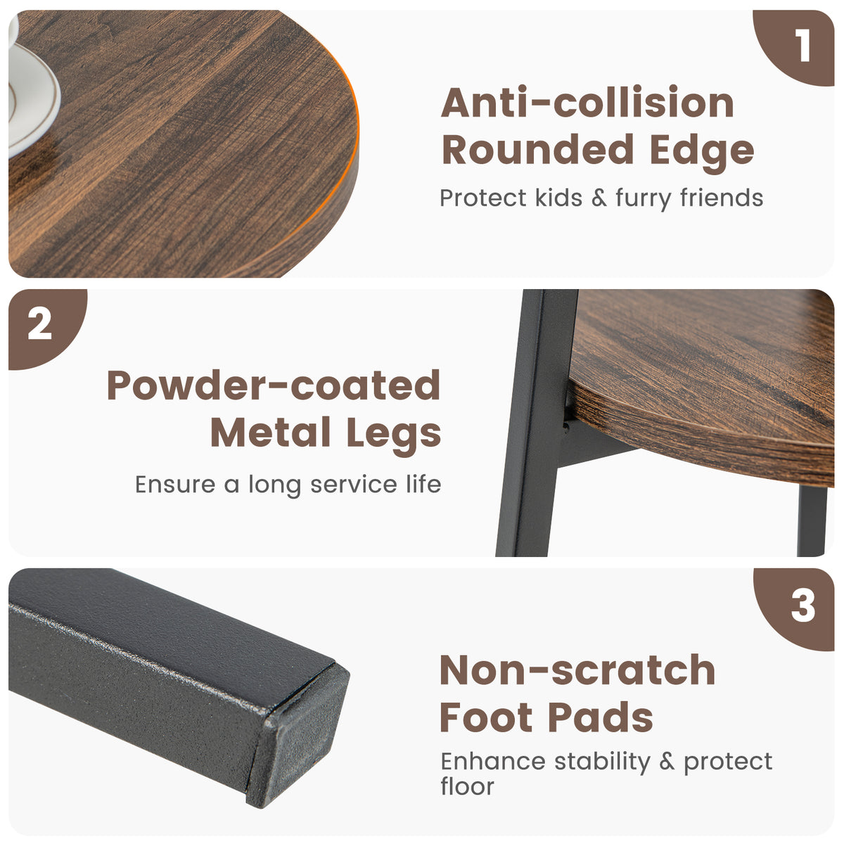2-Tier Round End Table with Open Shelf and Triangular Metal Frame-Brown-End & Side Tables-DECOROLALA
