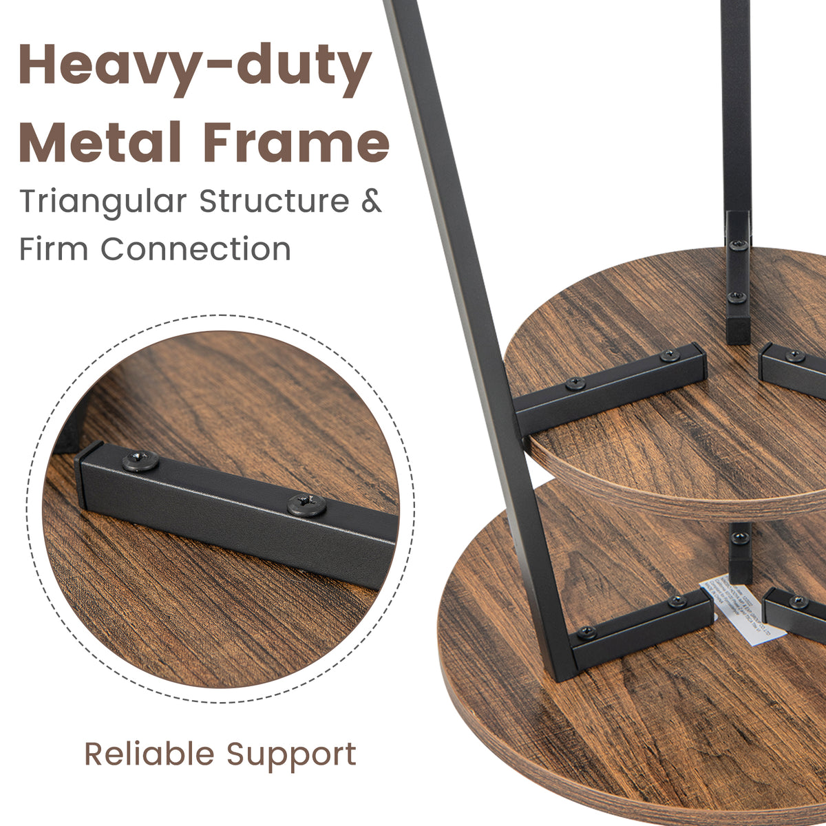 2-Tier Round End Table with Open Shelf and Triangular Metal Frame-Brown-End & Side Tables-DECOROLALA