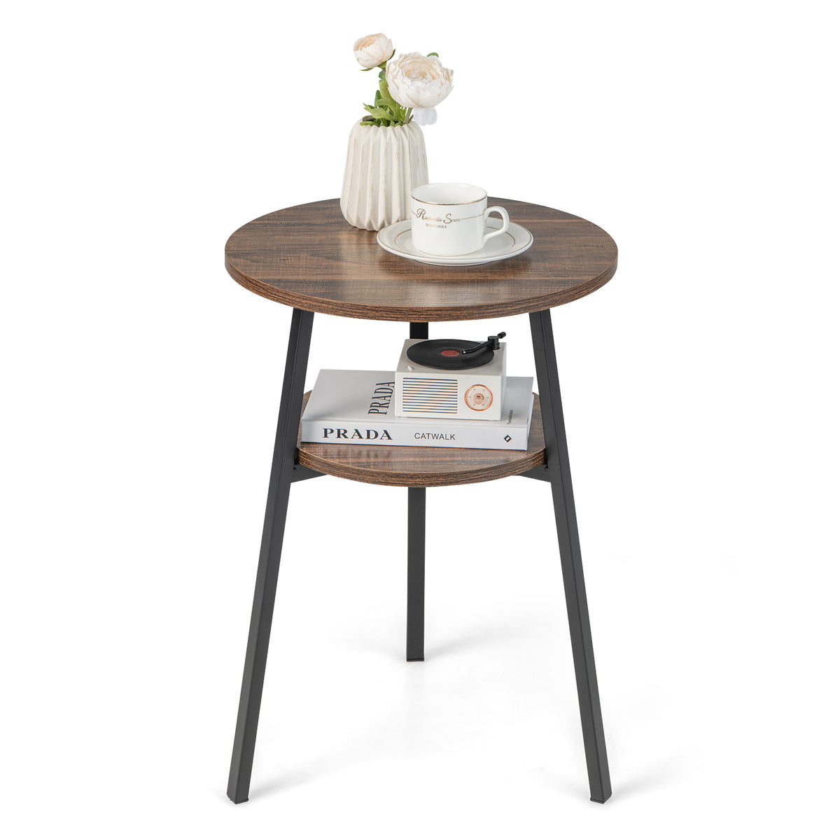 2-Tier Round End Table with Open Shelf and Triangular Metal Frame-Brown-End & Side Tables-DECOROLALA