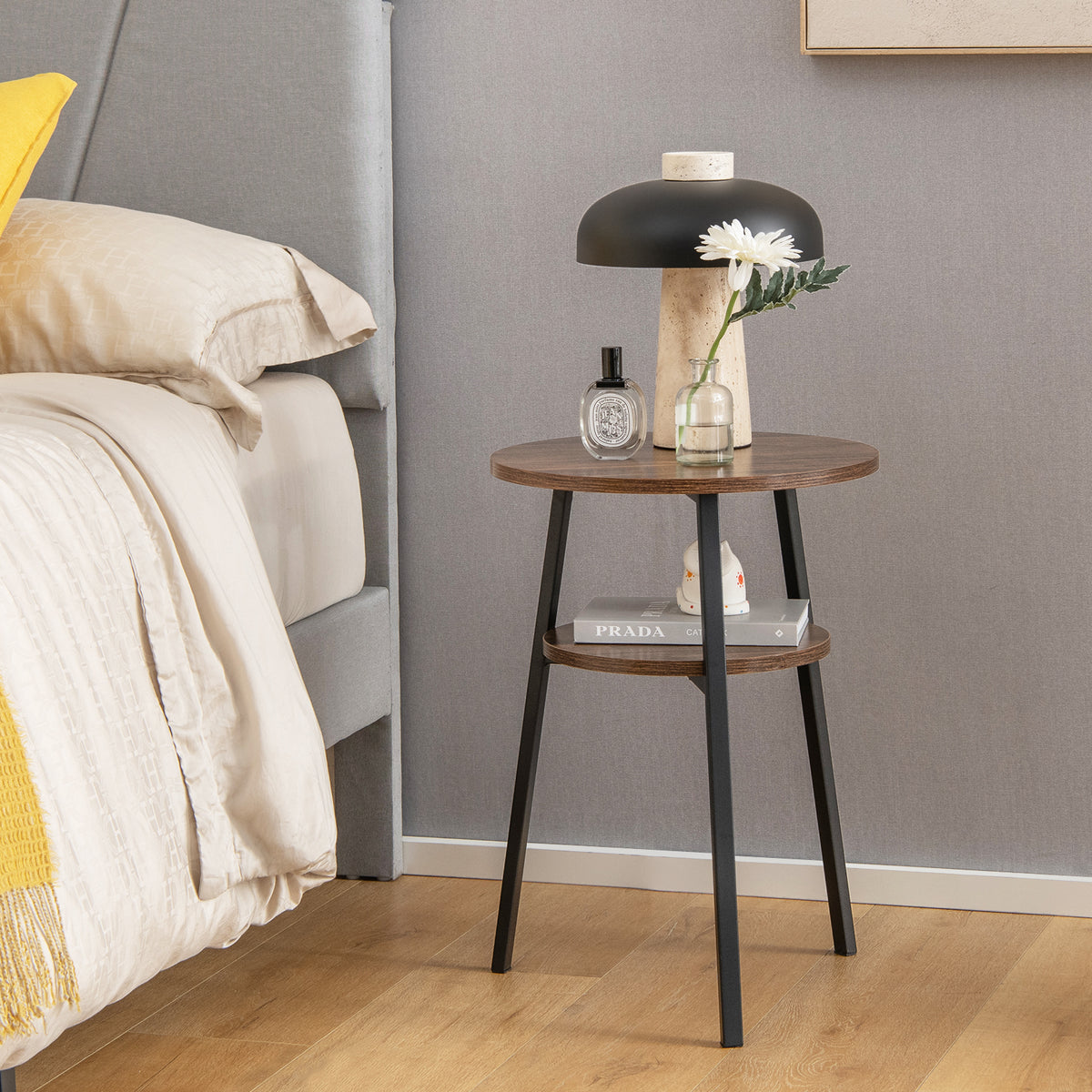 2-Tier Round End Table with Open Shelf and Triangular Metal Frame-Brown-End & Side Tables-DECOROLALA