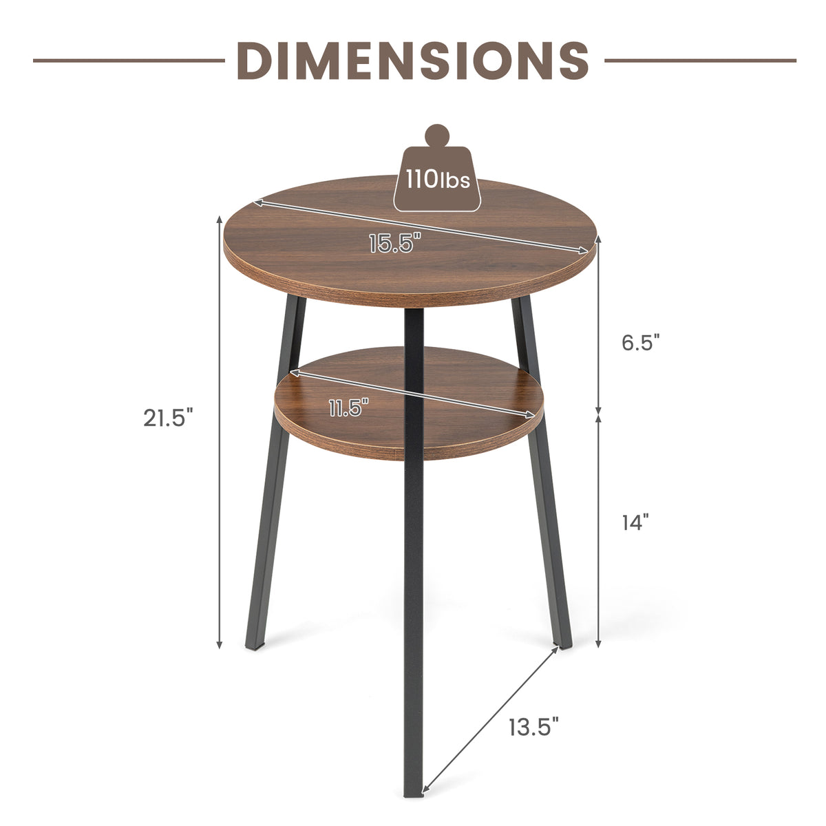 2-Tier Round End Table with Open Shelf and Triangular Metal Frame-Walnut-End & Side Tables-DECOROLALA
