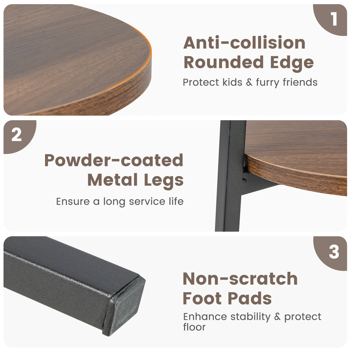 2-Tier Round End Table with Open Shelf and Triangular Metal Frame-Walnut-End & Side Tables-DECOROLALA