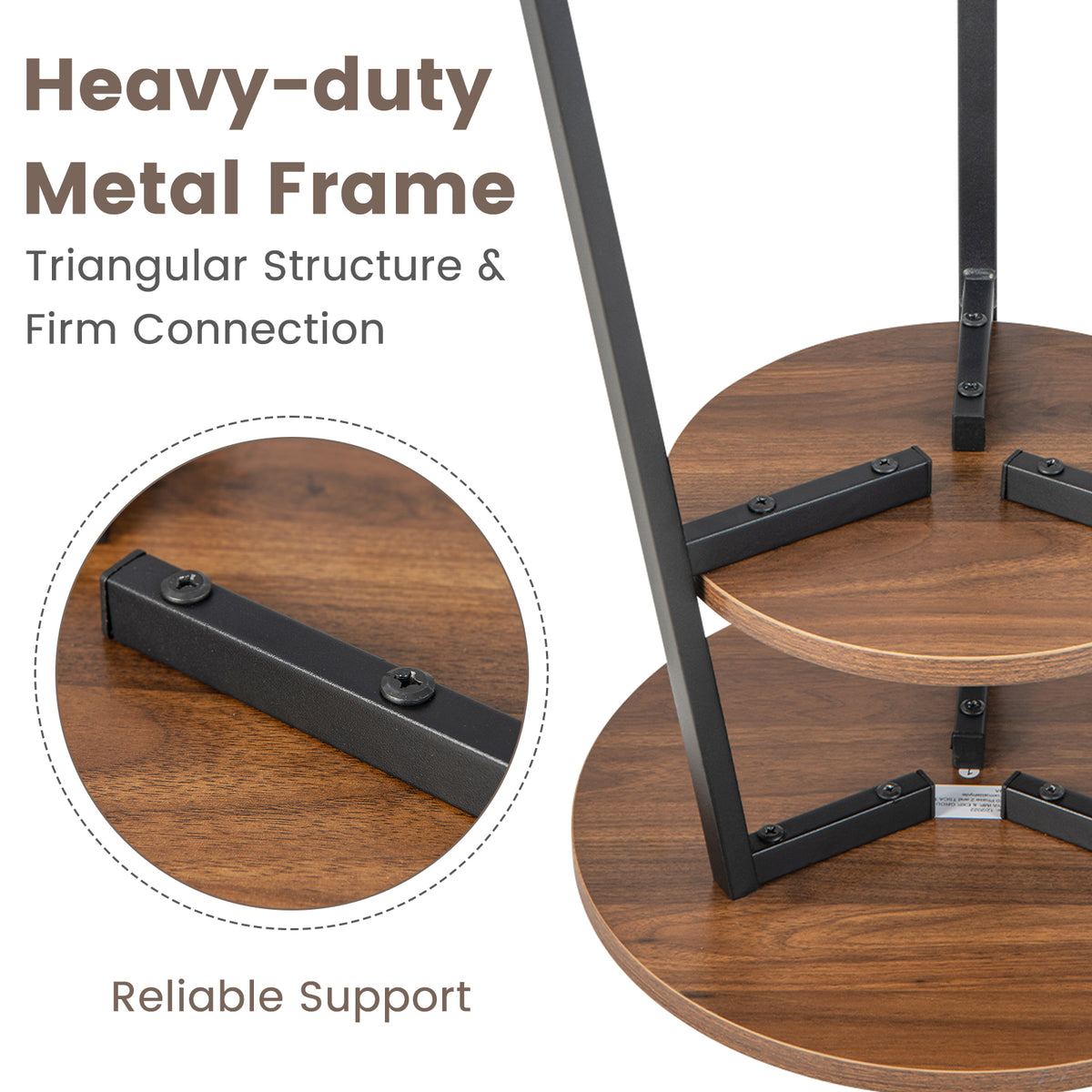 2-Tier Round End Table with Open Shelf and Triangular Metal Frame-Walnut-End & Side Tables-DECOROLALA