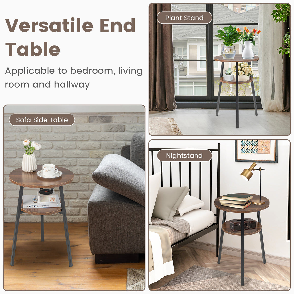 2-Tier Round End Table with Open Shelf and Triangular Metal Frame-Walnut-End & Side Tables-DECOROLALA